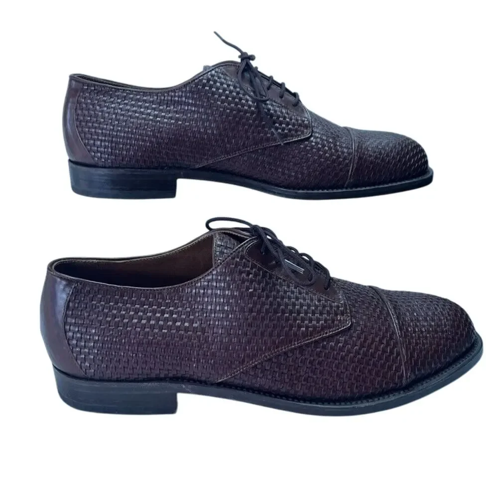 Handmade Shoes Mens Oxfords Basket Woven Leather Cap Toe Lace Up